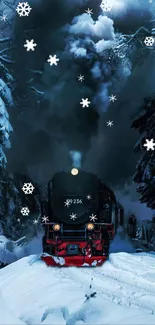 Vintage train traverses snowy forest with falling snowflakes.