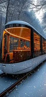 Modern train journeying through a snowy forest landscape.