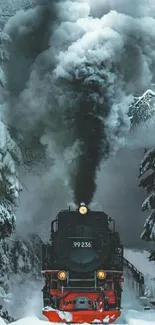 Steam train in snowy forest mobile wallpaper.