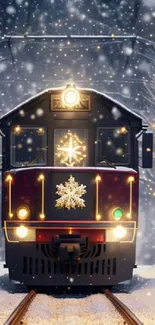 Festive train illuminated by snowfall in winter.