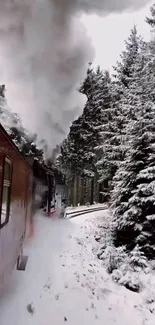 Train moving through snowy forest in winter.