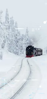 Vintage train traveling through snowy landscape with frosted trees.