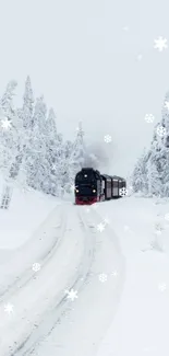 A train travels through a snowy winter landscape, creating a serene mobile wallpaper.