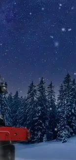 Train moves through snowy forest under a starry winter night.