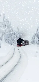 A vintage train travels through a snowy forest, creating a serene winter scene.