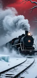 Steam train in snowy landscape with red sky.