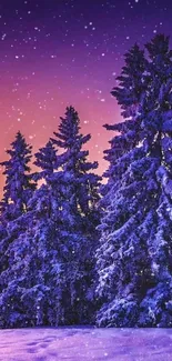 Snow-covered trees under a purple twilight sky with falling snow.