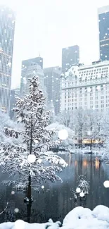 Snow-covered urban skyline with winter park and high-rise buildings.