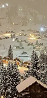 Snow-covered winter village illuminated at night.