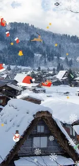 Snowy village with festive decor and winter scenery.