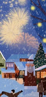 Winter village with fireworks and snow falling, creating a festive atmosphere.