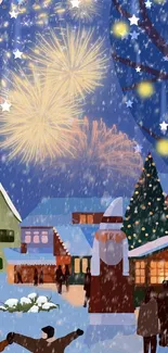 Festive winter village with fireworks and snow.