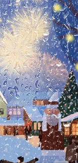 Snowy village with fireworks and holiday lights on a winter night.