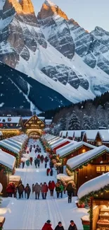 Winter village nestled amidst snowy mountains with festive lights and snow.