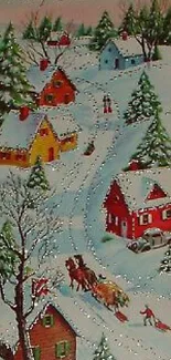 Charming winter village with snowy houses.