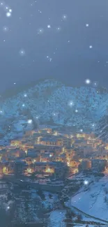 Snowy winter village illuminated at night with mountains in the backdrop.