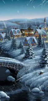 Winter village scene with snow and a peaceful river under the night sky.