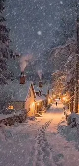 Tranquil snowy winter village at night with warm lights and falling snowflakes.