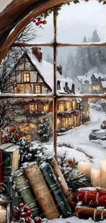 Cozy window view of a snowy winter village with vintage books.