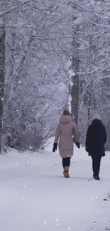 Two people walking in a snowy forest path.