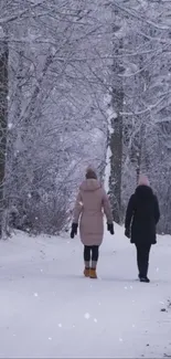 Two people walking in a snowy forest path.