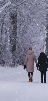 Two people walking in a snowy forest path.