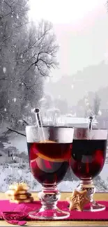 Winter setting with mulled wine and snowy trees.