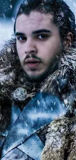 Warrior in fur coat amidst snow and blue winter background.