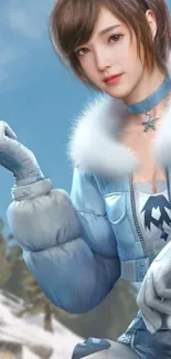 Winter warrior in icy blue attire with snowy background.