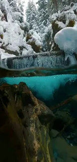 Scenic winter waterfall with icy blue waters and snow-covered landscape.