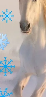 Majestic white horse with blue snowflakes on a serene winter background