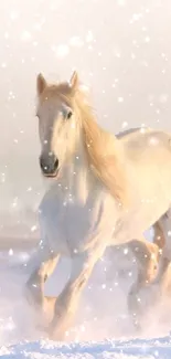 A white horse running through a snowy landscape, capturing winter's serene beauty.