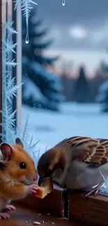 Hamster and bird sharing food by a frosted winter window.