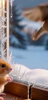 Cute hamster and bird by a frosty winter window.