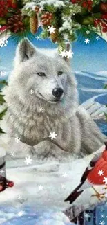 White wolf in winter scene with red birds and festive greenery.