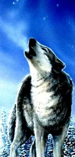 Majestic wolf howling under a moonlit starry sky in a winter forest.