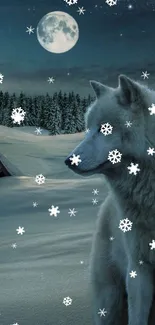 Majestic wolf under a moonlit winter sky with snowy landscape.