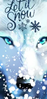 White wolf in snow with 'Let it Snow' text and blue accents.