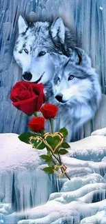 Wolves with red roses in icy landscape wallpaper.