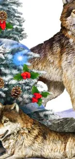 Two majestic wolves beside a decorated pine tree in winter.