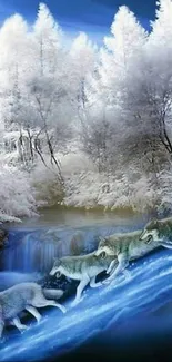 Wolves crossing a frozen river in a snowy forest.