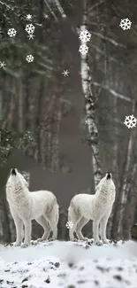 Two white wolves in a snowy forest with falling snowflakes.