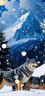 Wolves in a snowy mountain landscape under a starry night sky.