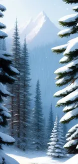 Snow-covered trees with mountains in the background, creating a peaceful winter scene.