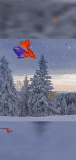 Snowy forest with colorful butterflies against a serene winter sky.