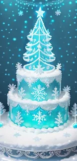 Winter-themed cake with snowflakes and a glowing blue background.