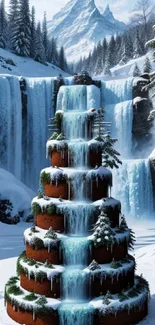 Winter landscape with a cake waterfall set in a snowy forest and mountains.