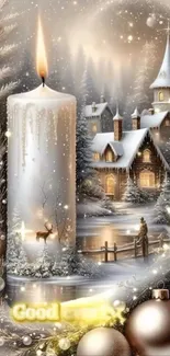 Glowing candle with snow-covered village in winter scenery.