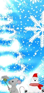 Blue winter cartoon wallpaper with snowflakes, mouse, and bear.