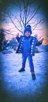 Child playing in snowy landscape, embraced by blue glow.